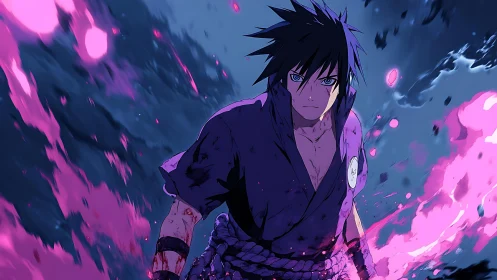 Determined anime warrior harnesses dynamic violet energy stream