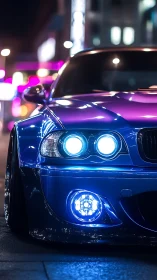 Midnight street racer hums under neon-splashed city glow