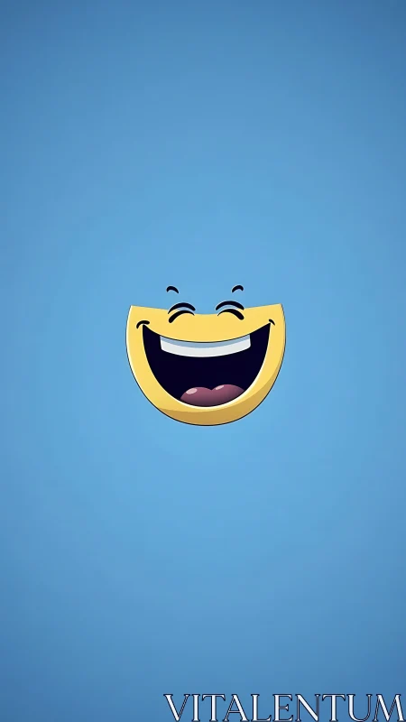 Minimalist laughing emoji icon floats on solid blue background