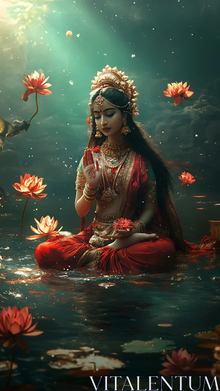 Lotus-crowned goddess gathers liquid starlight in still water