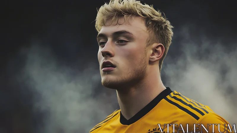 Focused young footballer stands ready in golden match jersey