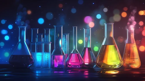 Colorful laboratory glassware against blurred bokeh background.