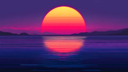 Gradient-sliced neon sunset over low-poly horizon with mirrored reflection