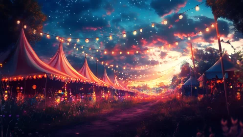 Twilight carnival tents glow beneath star-strung skies.