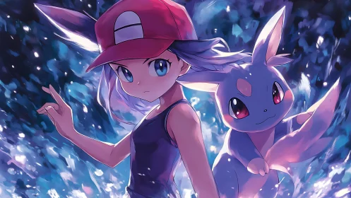 Anime trainer and creature in luminous action composition.