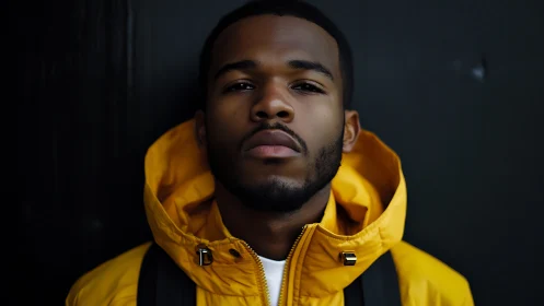 Close-up outdoor portrait, yellow hooded jacket, dark backdrop