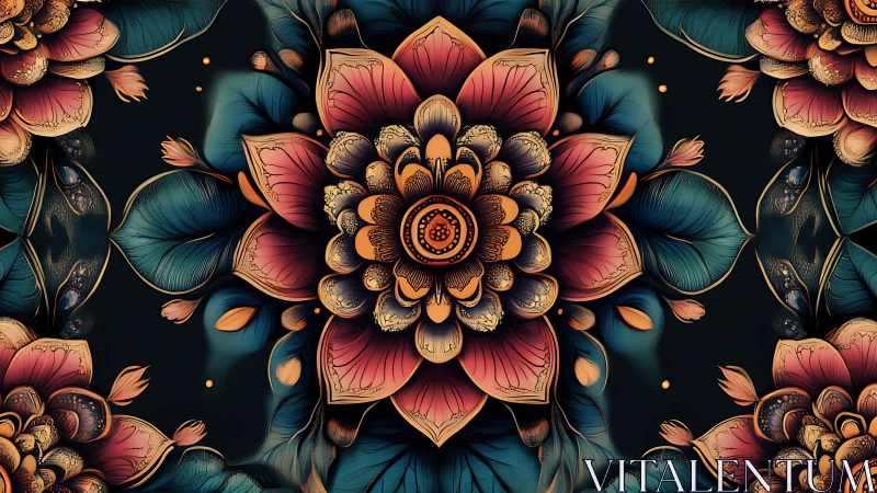 Symmetrical digital lotus mandala renders ornate floral depth