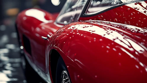 Close-up rear detail of wet red classic sports car body.