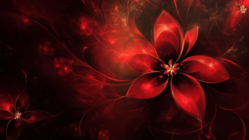 Red fractal flower petals on dark abstract background.