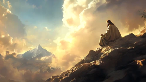 Solitary prophet above sunlit peaks and storm-softened clouds.