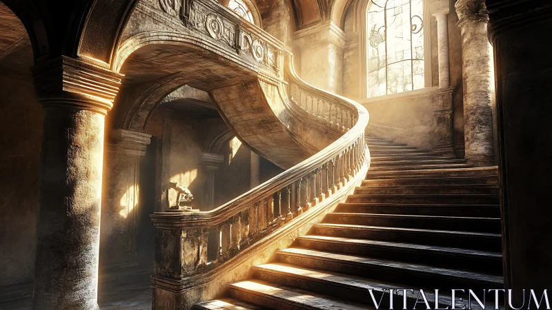 Sunlit stone staircase in weathered classical interior hall.