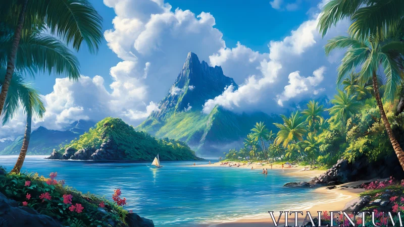 Tropical Island Paradise with Volcanic Peak and Turquoise Lagoon.