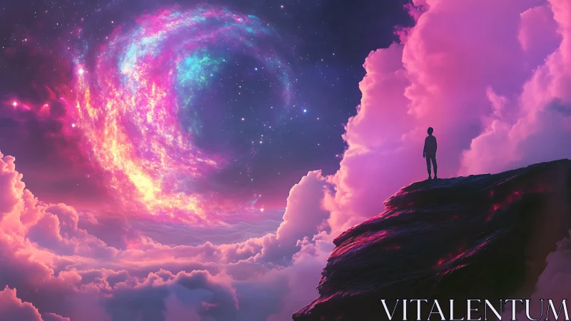 Silhouette on cliff facing swirling cosmic sky portal.