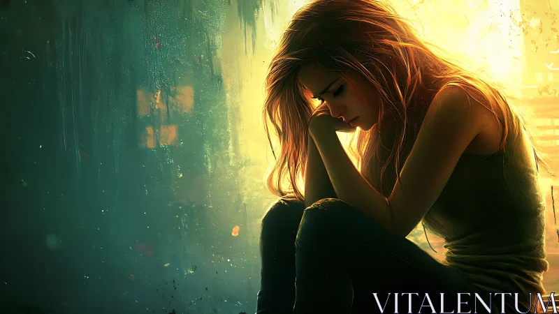 Melancholic woman in golden backlight against teal void.