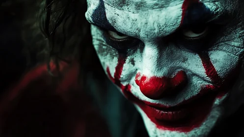 Intense close-up of sinister clown face in dark setting.
