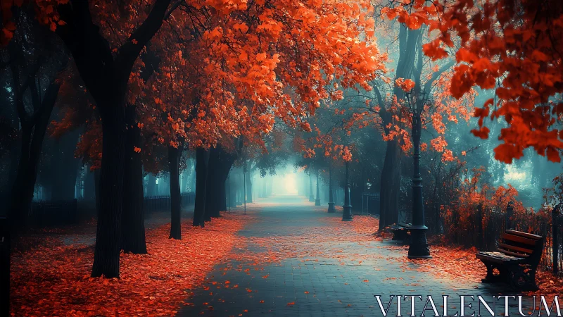 Glowing autumn pathway inviting quiet strolls through mist.