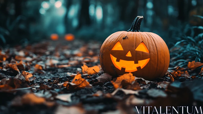 Glowing jack-o-lantern on eerie leaf-strewn forest path.