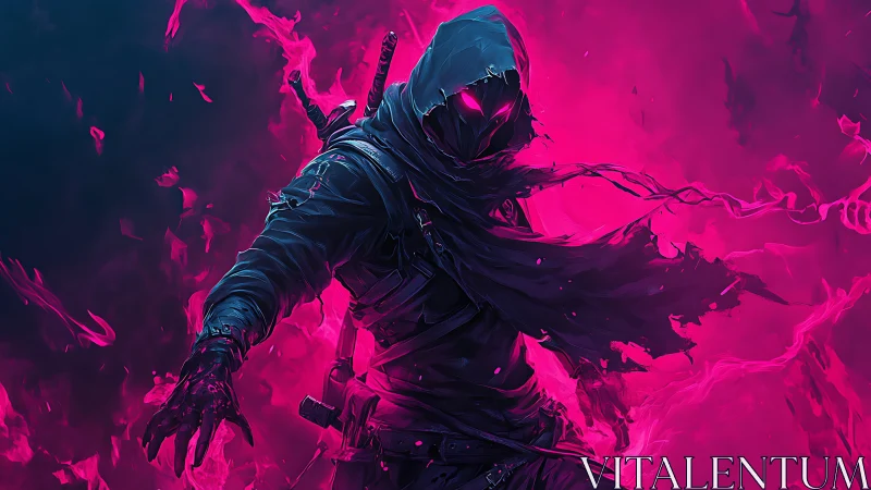 Hooded cyber-assassin summons neon energy in dynamic stance