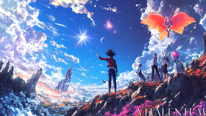 Stargazing heroes on crystalline cliffs under radiant cosmos.