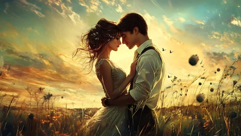 Romantic couple in golden hour field with dramatic sky and volumetric lighting.