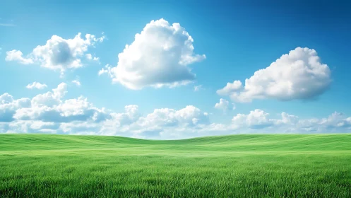 Procedurally rendered grassland under volumetric cumulus sky.