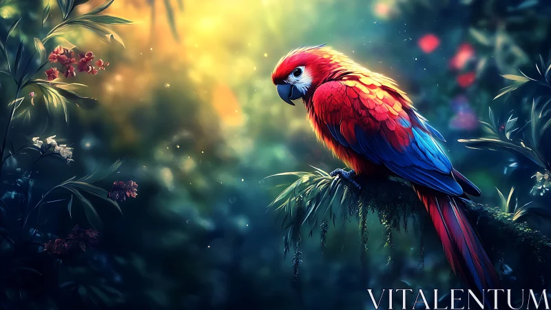 Vibrant Scarlet Macaw in Magical Jungle, Digital Art Masterpiece.