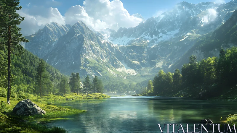 Photoreal mountain lake landscape with atmospheric depth.