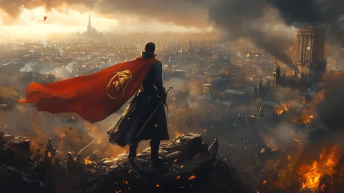 Cloaked warlord overlooking burning steampunk metropolis at dusk.