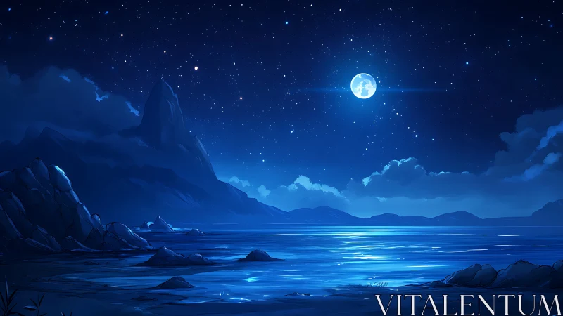 Moonlit coastal landscape under deep cerulean starfield.
