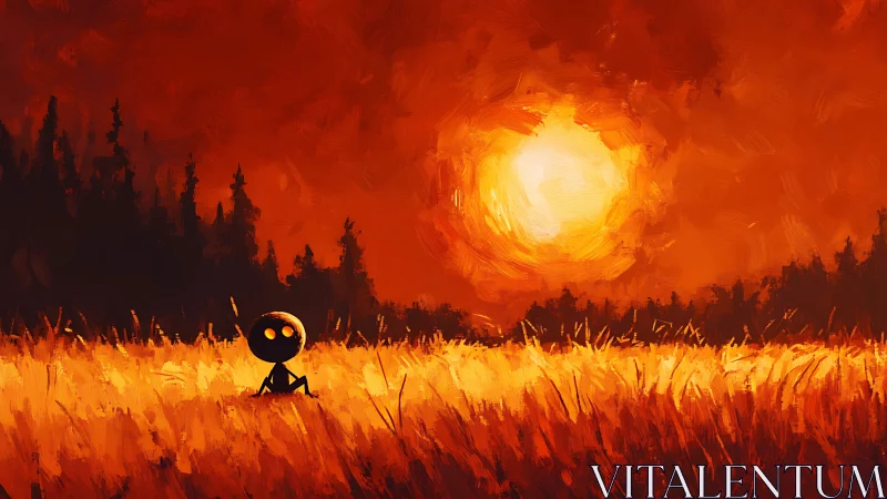 Small silhouetted figure watches a blazing orange sunset.