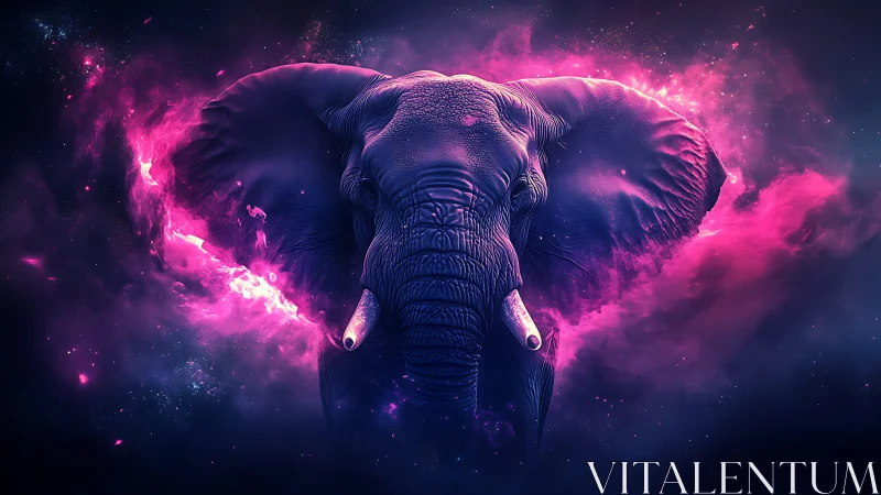 Nebula-touched cosmic elephant charging through violet stardust.