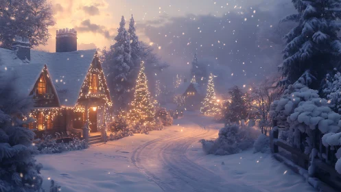 Snowlit cottage lane draped in twinkling winter magic glow.