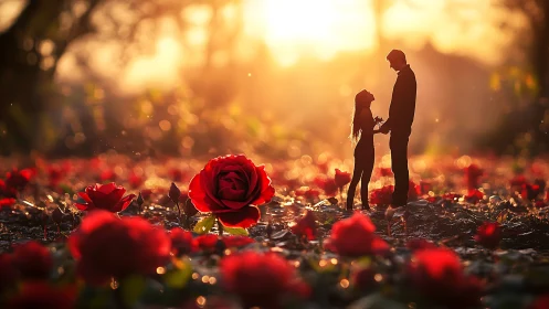 Romantic Couple in Rose Field at Golden Sunset