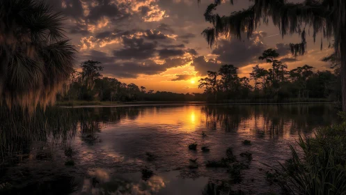 Golden sunset over tranquil swamp waters and mossy trees.