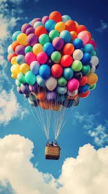 Multicolored balloon cluster lifting wicker basket skyward.