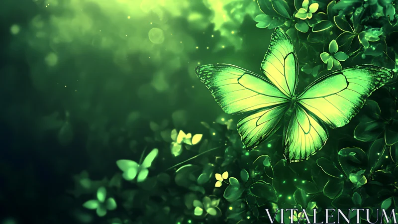 Bioluminescent green butterfly hovers above luminous forest foliage