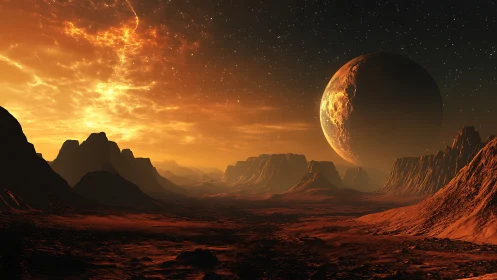 Cinematic 3D alien desert vista with eclipsed planetary horizon.