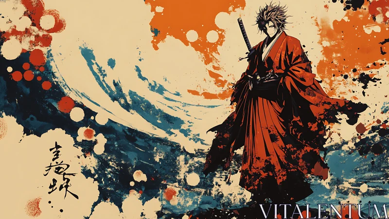 Lone samurai strides through abstract waves of fire and ink