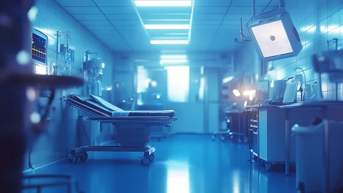 Hospital treatment room shows empty bed and medical devices