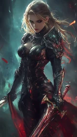 Fierce warrior queen strides through ember lit battlefield