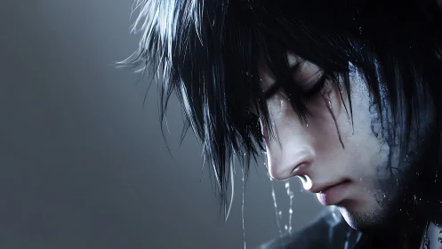 Wet haired anime male in close melancholy profile portrait.