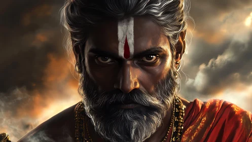 Portrait of stern bearded man with tilak against clouds.