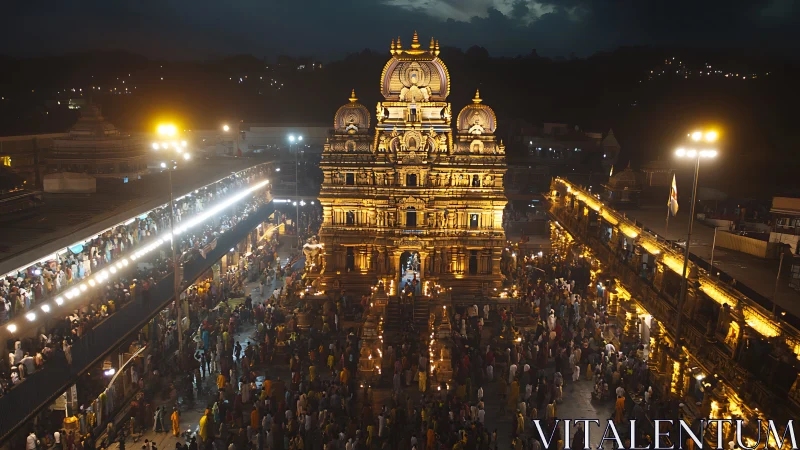 Golden Hindu temple glows over dense evening pilgrimage crowd