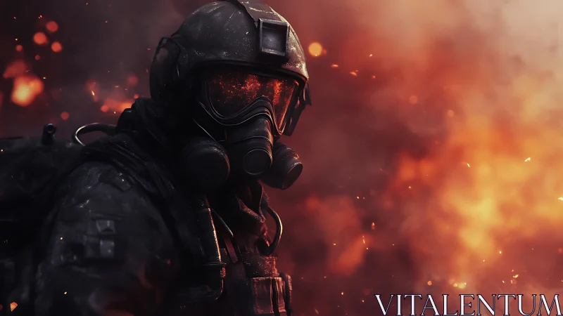 Flames curl around a lone gas-masked soldier in burning dusk