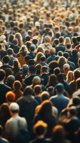 Crowded urban crowd moves forward in warm evening light
