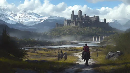 Adventurous riders approach a distant mountain castle slowly.