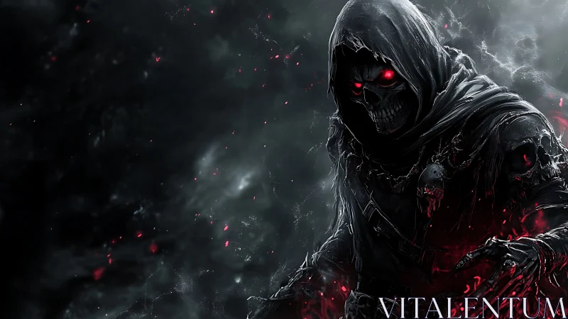 Hooded death wraith emerging in crimson embers of void.
