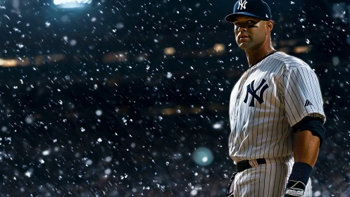 Baseball player in snowlit stadium under falling flakes