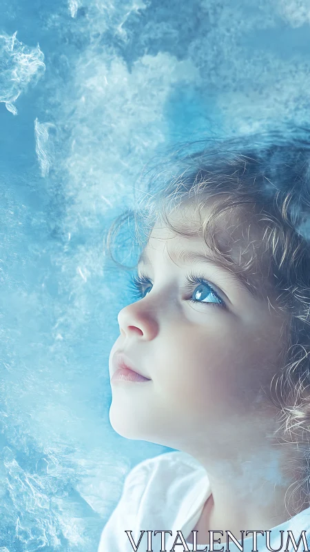 Dreamy Child's Profile Against Ethereal Blue Waters.