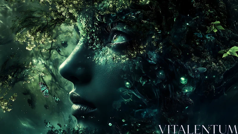 Mythic forest spirit portrait fused with glowing nature.